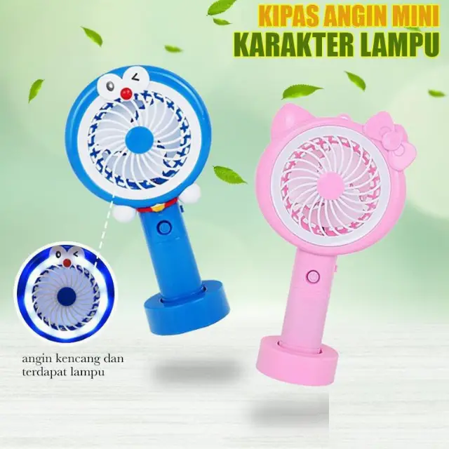 Kipas Angin Mini Portable Rechargeable Karakter Dengan Lampu Led