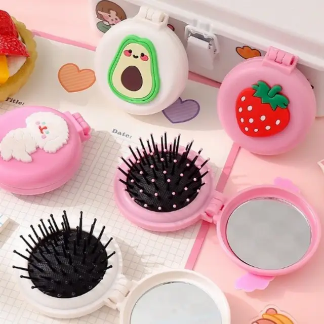 Sisir Cermin Lipat Bulat Rambut Mini Karakter 2 In 1