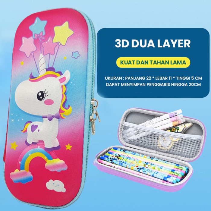 198f8adf-774f-45f9-9605-9a6094a079af-1673001462 Kotak Tempat Pensil 3D Untuk Anak Dengan Motif Karakter - unicorn rainbow - Image 1
