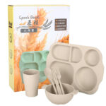 Set Lunch Box Serat Jerami Dengan 5 Sekat Warna Anti Pecah - Krem