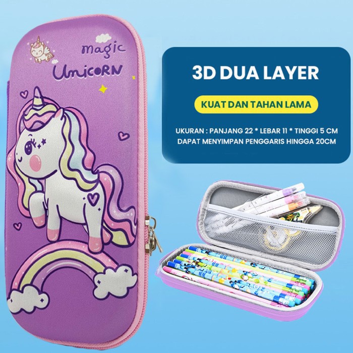 55dd173e-f72e-4a54-9aec-1861034ab59d-1673001458 Kotak Pensil Tempat Alat Tulis 3D Timbul Dengan Motif Karakter - rainbow unicorn purple - Image 1