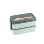 Tempat Makan Susun 2 Tingkat Sekat Sendok Garpu Plastik Jerami - Hijau