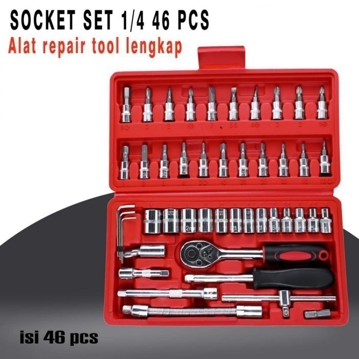 44l20a33zorF2LVOGRL5qpt8C7BrcO4ekFya8d9U Set Obeng Socket Set 46 Pcs Kunci Shock 1/4 Socket - Image 1
