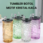 Tumbler Botol Minum Kaca Motif Kristal Aesthetic Tutup Beruang Sedotan - Putih - Image 4