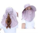 Topi Musim Panas Wanita Anti Sinar Matahari dengan Cadar Penutup Wajah - Abu Ungu - Image 2