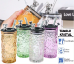 Tumbler Botol Minum Kaca Motif Kristal Aesthetic Tutup Beruang Sedotan - Hijau - Image 9