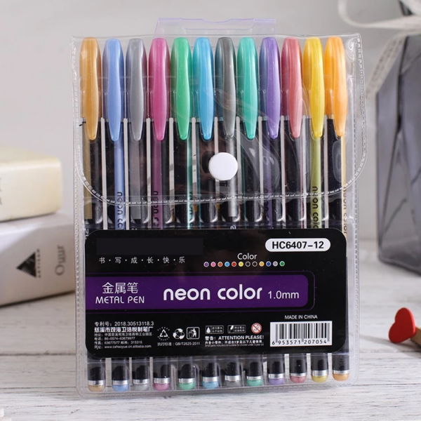 Pulpen Warna Warni Tinta 12pcs Colorful Gel Glitter Tulisan Berkilau - Metal Pen