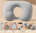 Bantal Leher Angin Pompa Otomatis PVC Kain Neck Pillow U Shaped - Bantal Putih - Image 8