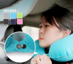 Bantal Leher Angin Pompa Otomatis PVC Kain Neck Pillow U Shaped - Bantal Putih - Image 3