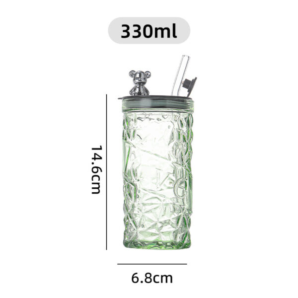 Tumbler Botol Minum Kaca Motif Kristal Aesthetic Tutup Beruang Sedotan - Hijau