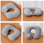 Bantal Leher Angin Pompa Otomatis PVC Kain Neck Pillow U Shaped - Bantal Hitam - Image 2