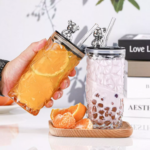 Tumbler Botol Minum Kaca Motif Kristal Aesthetic Tutup Beruang Sedotan - Putih - Image 7