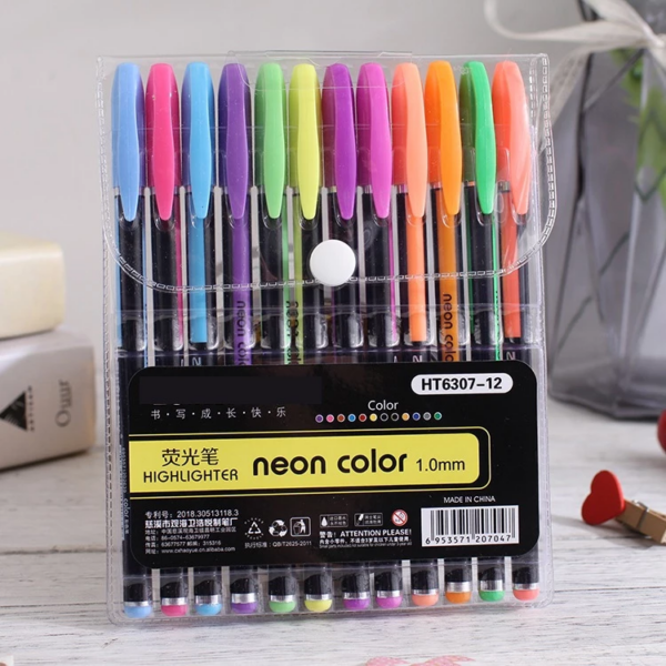 Pulpen Warna Warni Tinta 12pcs Colorful Gel Glitter Tulisan Berkilau - Higlighter